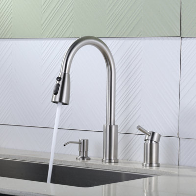 3-Hole Pull Down Kitchen Faucet With Soap Dispenser And Unique Individual Handle