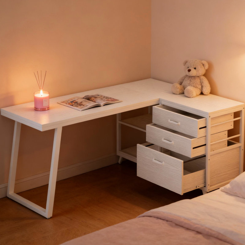Bureau multifonctionnel blanc en forme de L pour optimiser l'espace. Il comprend 2 petits tiroirs, 1 grand tiroir, des tablettes ouvertes, un plateau en panneaux de particules et des pattes réglables. Parfait pour un bureau à domicile ou un espace de travail.