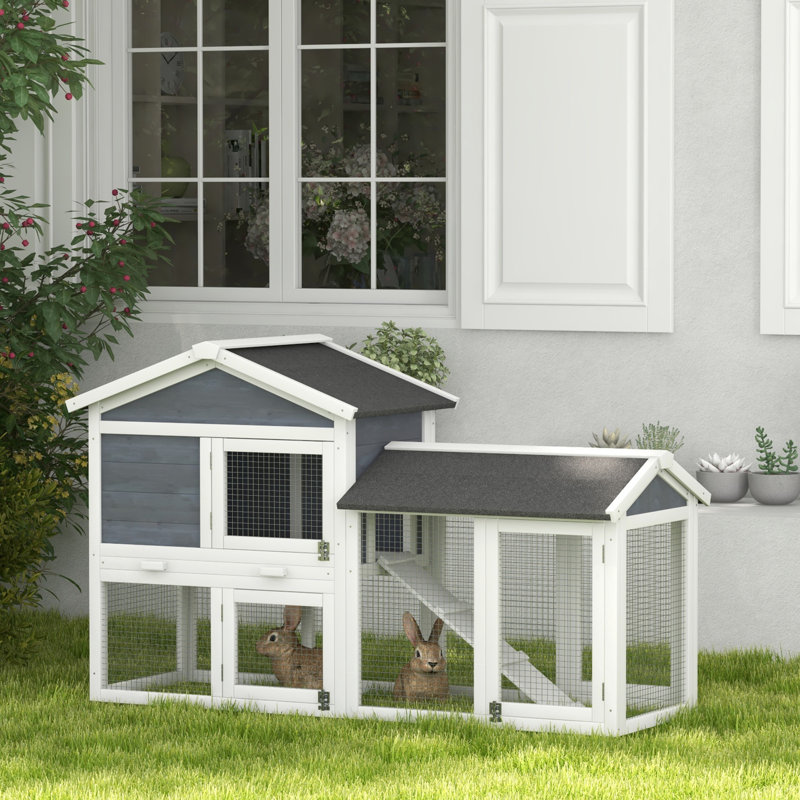 Abri pour lapins en bois de 58 po, cage, toit en asphalte, aire de jeu. Plateau amovible, portes et rampe verrouillables, petit enclos pour animaux gris,
