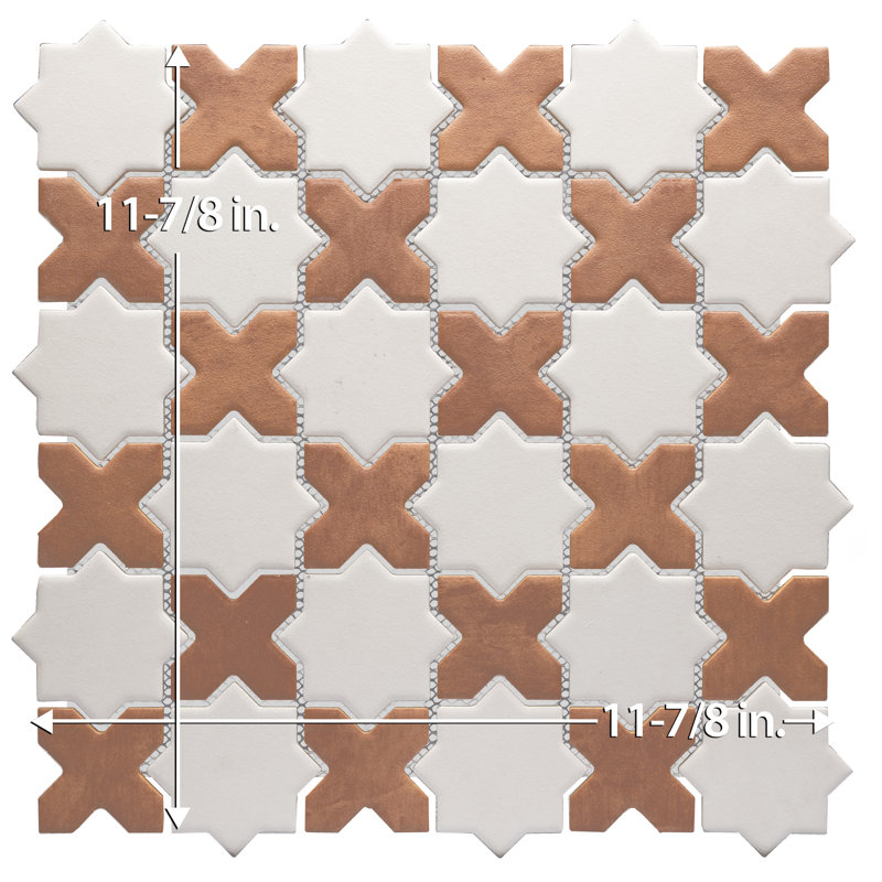 Sentier Des Cotto Star W/Cross 11-7/8 In. X 11-7/8 In. Porcelain Mosaic Tile, White/Brown