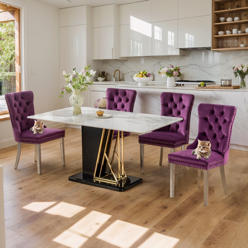 Rosdorf Park Velvet Silver Metal Legs Upholstered Dining Chair Set