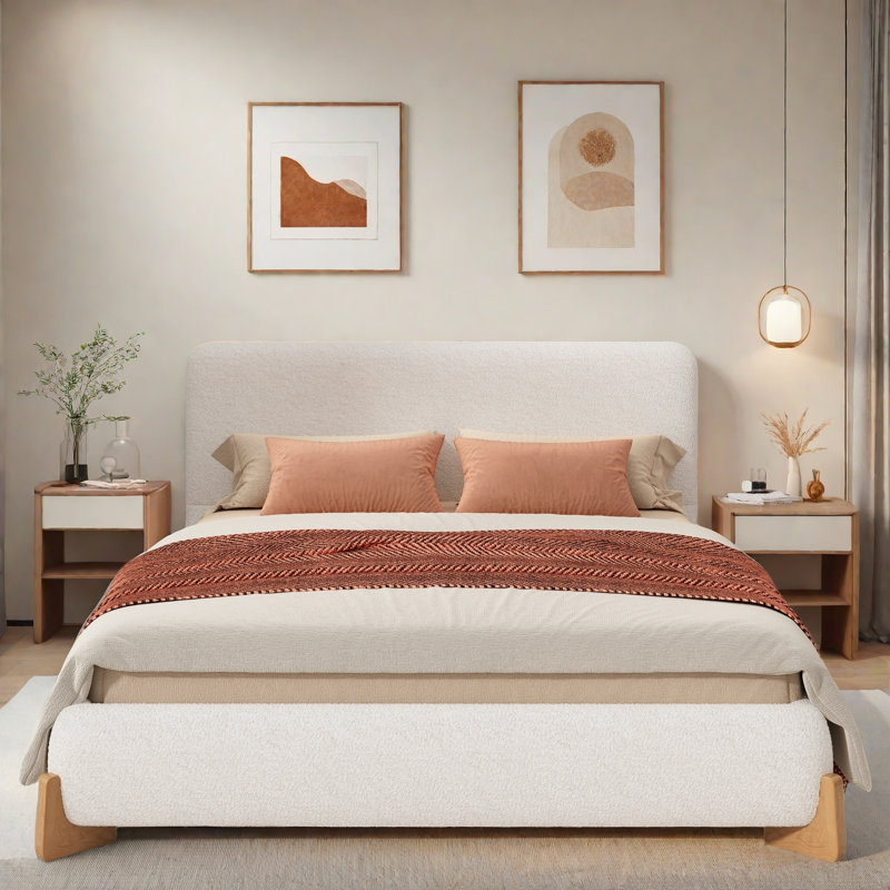 Lit élégant Bhodi avec pieds en bois et tissu confortable, Grand lit