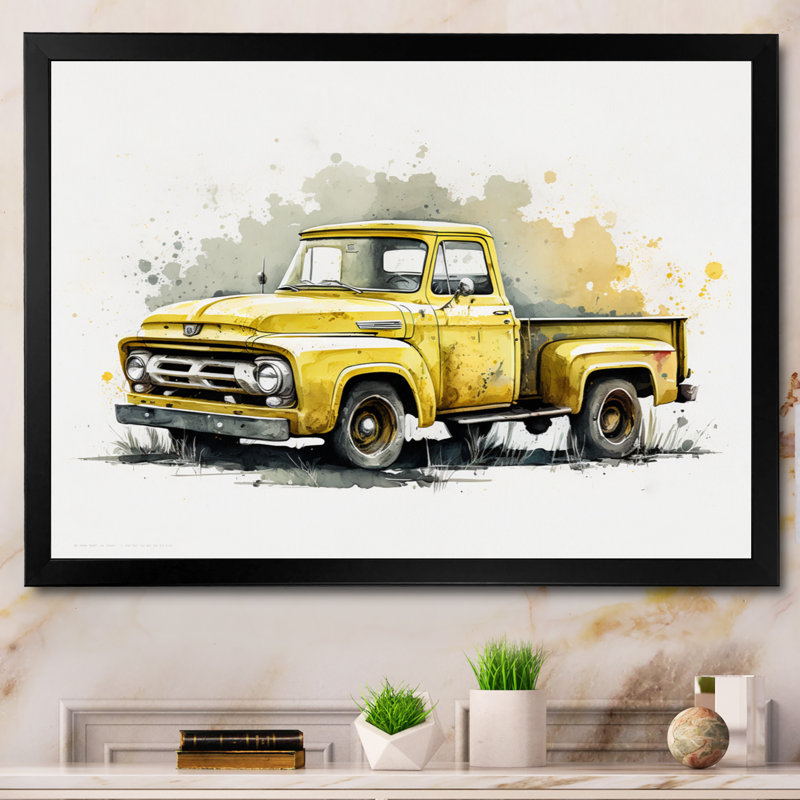 «Yellow and Cream Retro Treasures» - impressions sur toile de voiture rétro, Cadre photo noir, H 12 po x l 20 po