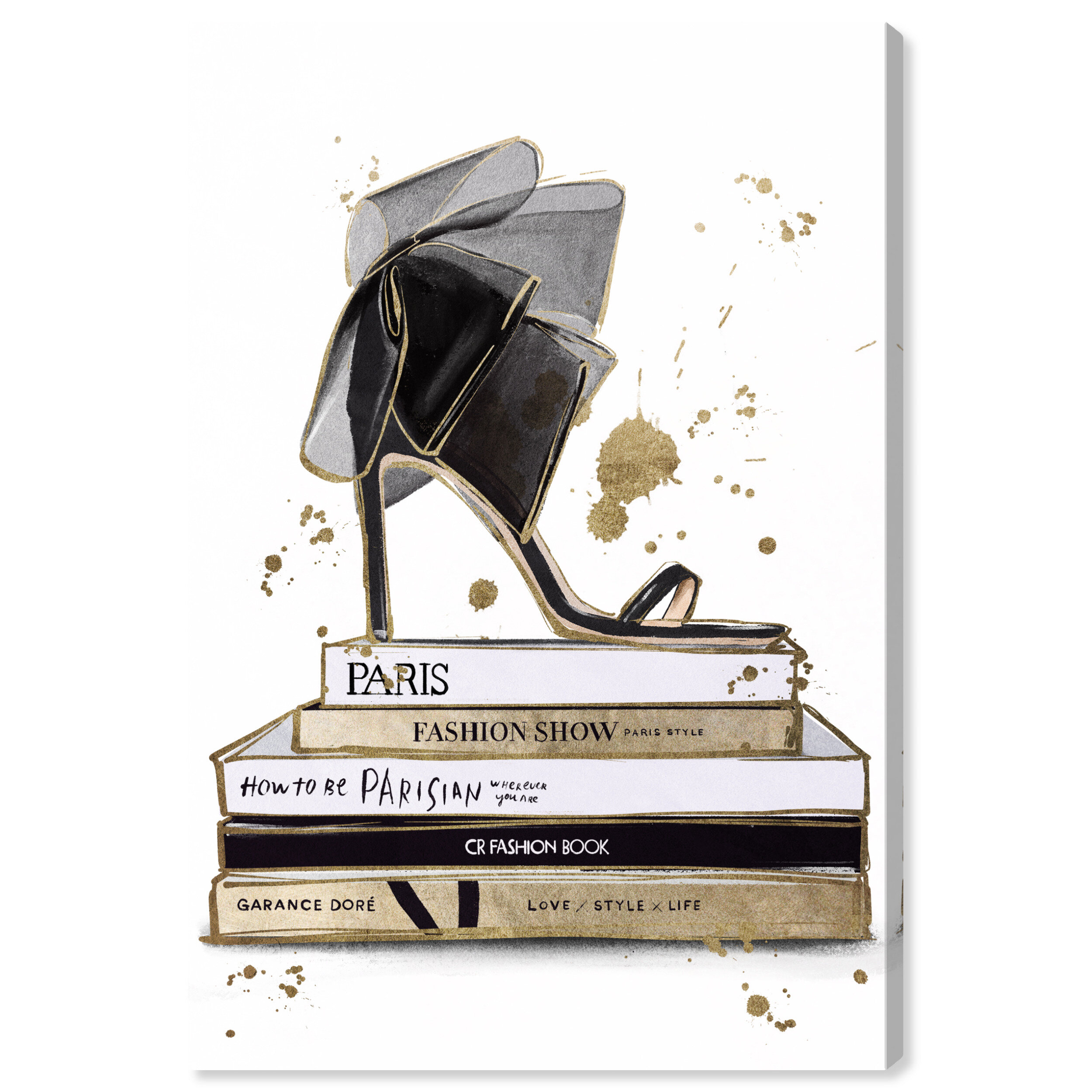 Oliver Gal 'Fashion Heel and Book Stack' Glam Black Wall Art - 24 x 36 - White