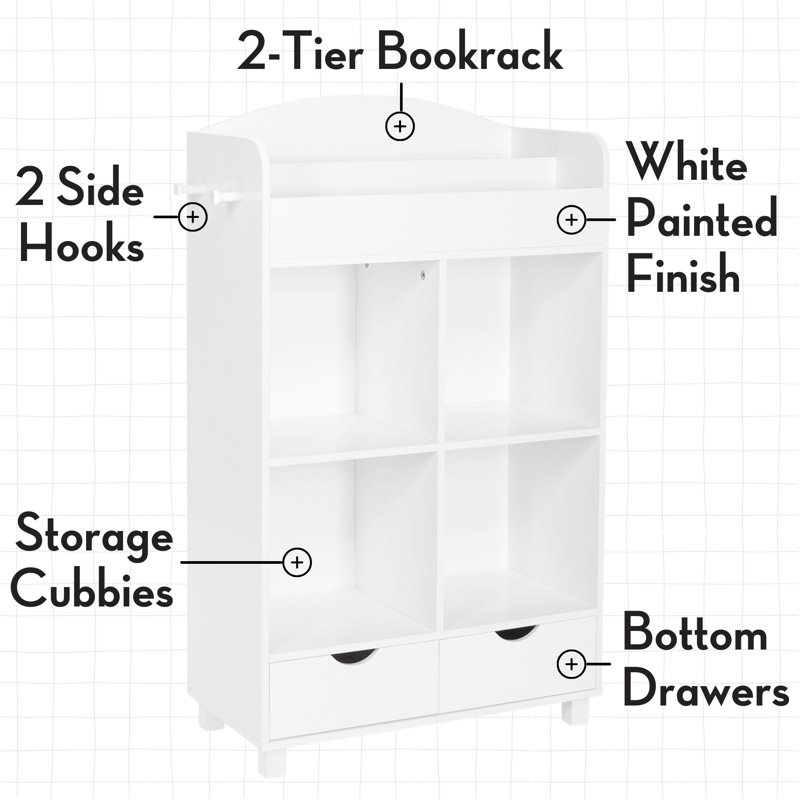 White and Coral Kids' Cubby Bookshelf with Storage Bins