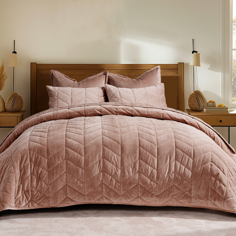 Ensemble de courtepointe en velours ultra doux, Courtepointe pour grand lit + 2 taies décoratives, Argile terre cuite