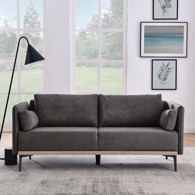 3-Seat Couch With Stainless Steel Trim And Metal Legs, Gray 100% Linen, 32.28" H x 72.83" W x 31.88" D