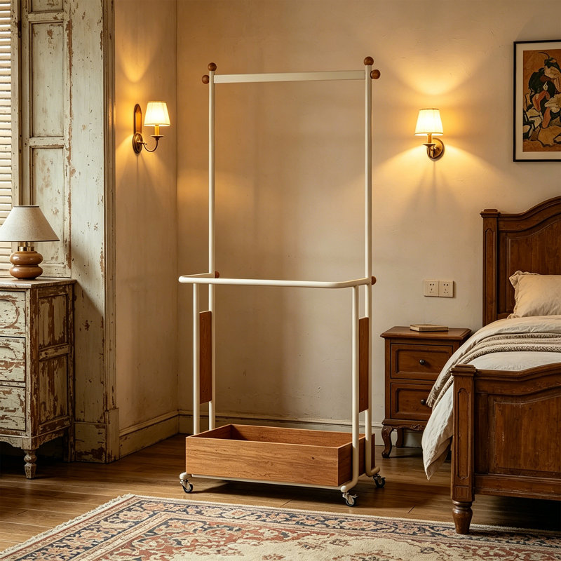 Portemanteaux double avec bac de rangement, Bois naturel
