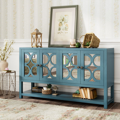Console / armoire de rangement / buffet élégant avec portes en miroir, tablettes spacieuses et pieds en bois d'acacia durable