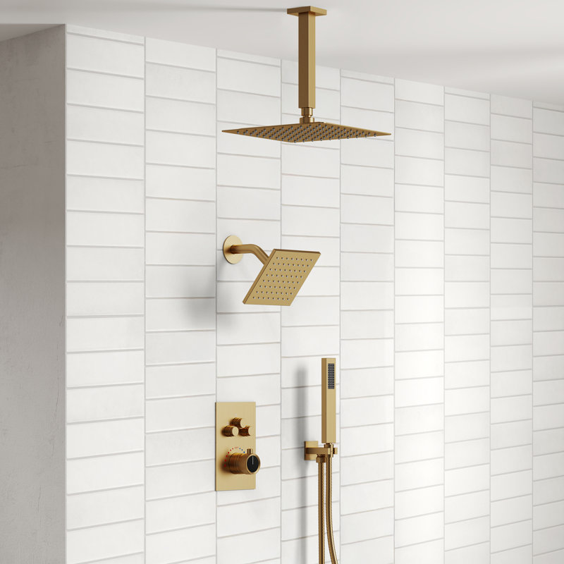 Ceiling Mount 12" High-Pressure Rainfall Shower Faucet, Dual Rainfall Shower Head System with Thermostatic Valve