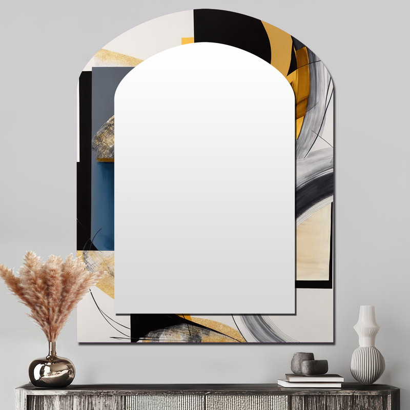 Glam doré et noir Expression IV - miroir décoratif en arc abstrait à spirales abstraites, miroir asymétrique moderne, impression d'art en métal