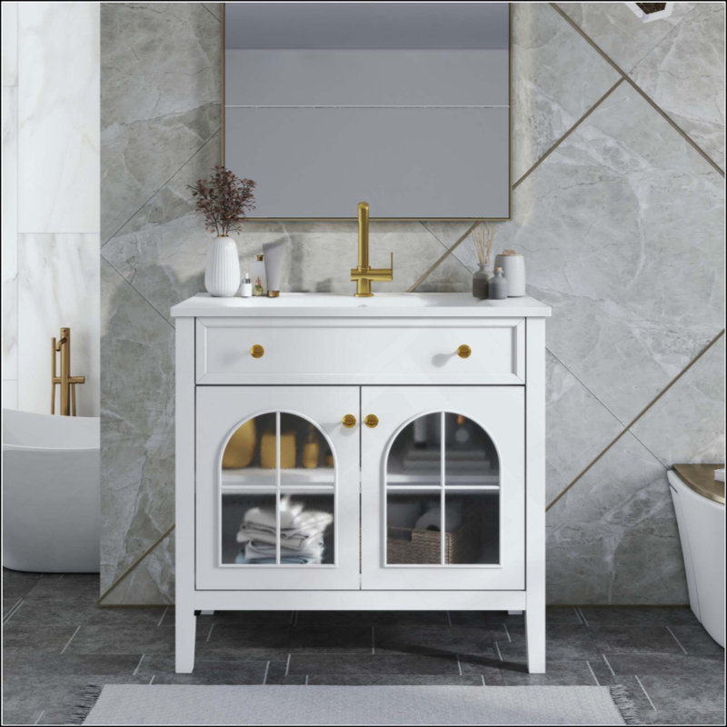 Lavabo de salle de bain de style Mid-Century avec verre à motif et bande lumineuse à capteur de mouvement, lavabo de salle de bain autoportant Farmhouse avec rangement, meuble-lavabo haut de gamme (robinet non inclus)