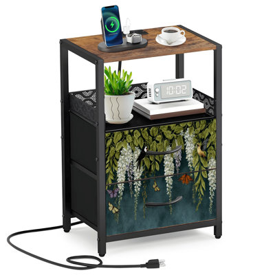 Table de chevet 2 tiroirs en tissu avec station de charge Table de chevet délicate Wisteria