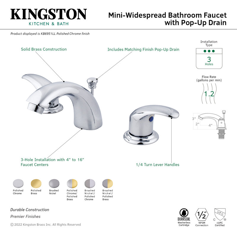 Robinet de salle de bain Kingston, Chrome poli / laiton poli