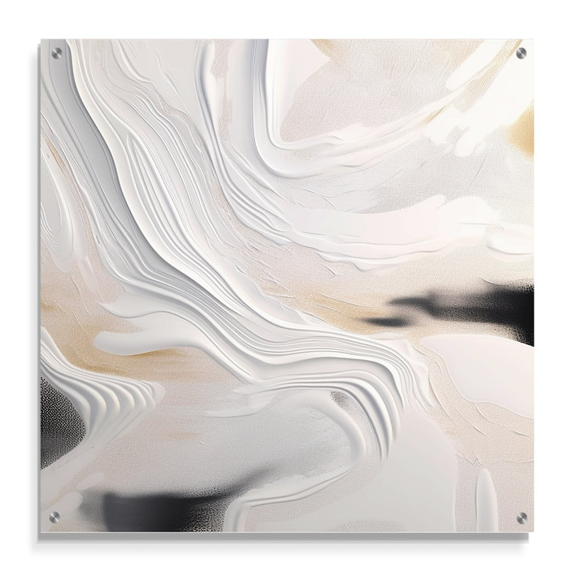 Blanc et or ondulations de pierre - art mural abstrait en marbre acrylique pour le salon, H 16 po x l 16 po