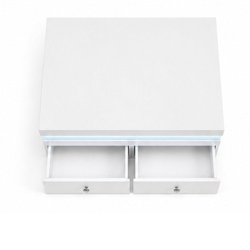 Table basse Lesi, plateau en verre de 47 po, 2 tiroirs, blanc glamour à DEL