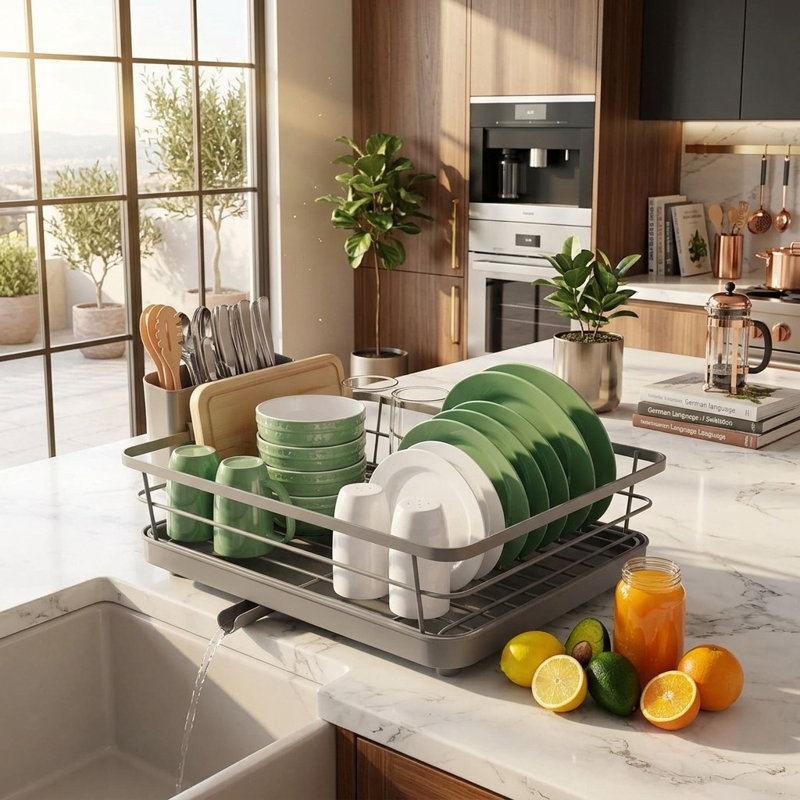 Space-Saving Stainless Steel Dish Drying Rack with Rotating Drain