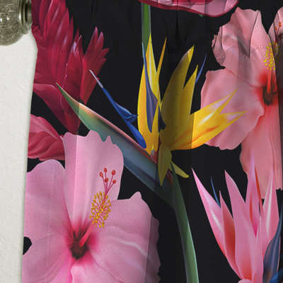 Tropical Curtain Panel, Pink Floral Blackout Decor - Pattern of Tropical Pink Flowers