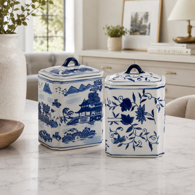 Chinoiserie Ceramic Decorative Box Jars with Lids - Rectangular Floral & Scenic Storage Accents for Shelves, Console Tables & Entryways - Set of 2, Blue & White