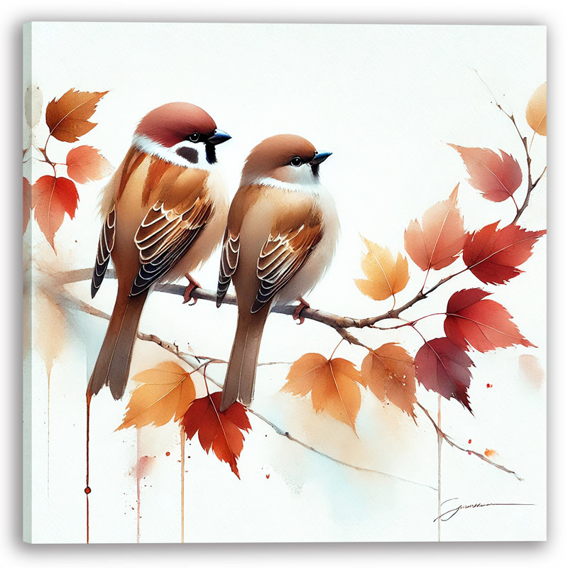«Two Birds on Autumn Branch», art mural sur toile tendue, H 12 po x l 12 po x P 1 po