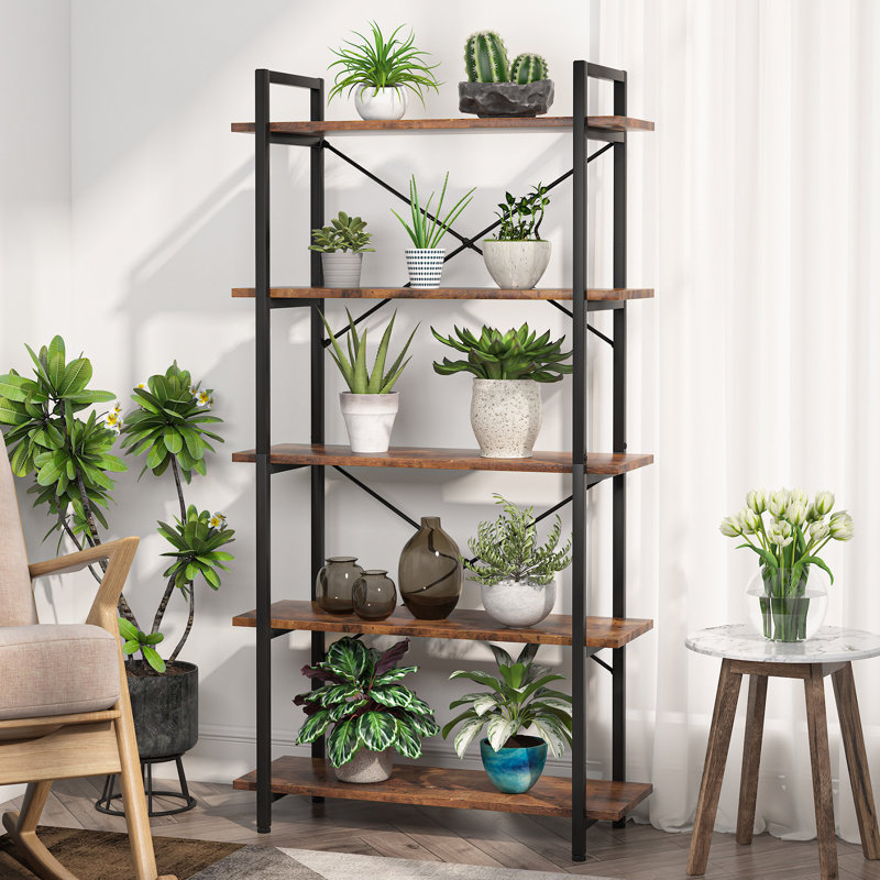 31.49" W 5-Tier Metal Frame Etagere Bookcase, Rustic Brown