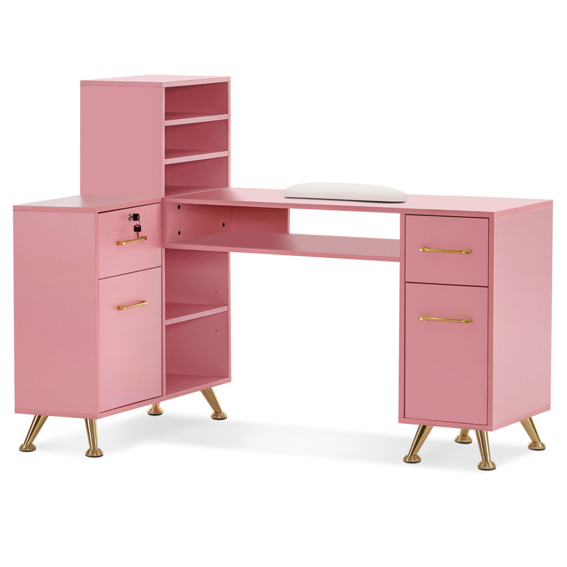 BarberPub L-Shape Nail Desk with Multiple Drawer and Storage Cabinet, Pink/Gold