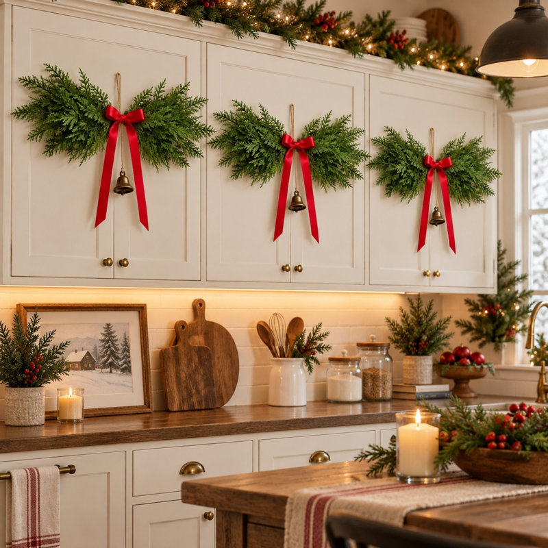 Ensemble de 6 guirlandes de Noël en pin de 61 cm (24 po) avec nœuds bordeaux et clochettes dorées