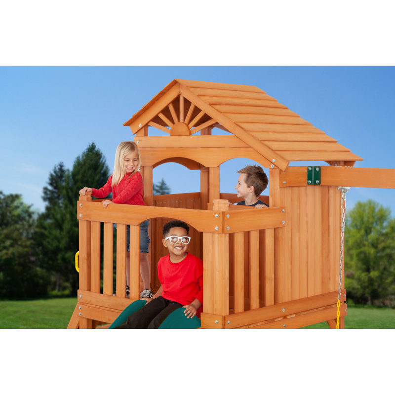 Timber Valley Swing Set with Wooden Roof, Green, Multi