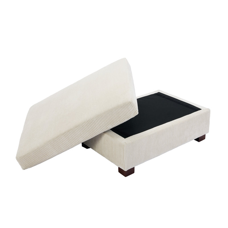 Upholstered Beige Square Corduroy Ottoman with Solid Wood Legs, Single Ottoman Modular Part For Sectional Sofa, Corduroy