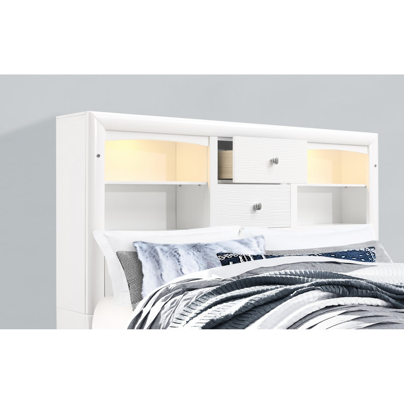 Très grand lit blanc avec tiroirs de tête de lit et construction en bois massif durable + caractéristiques du tiroir
