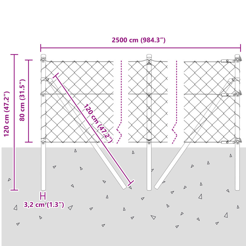 Chain Link Fence Steel, Silver, 80cm H x 2500cm W