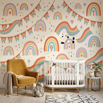 Papier peint arc-en-ciel amovible fond pastel amovible crème