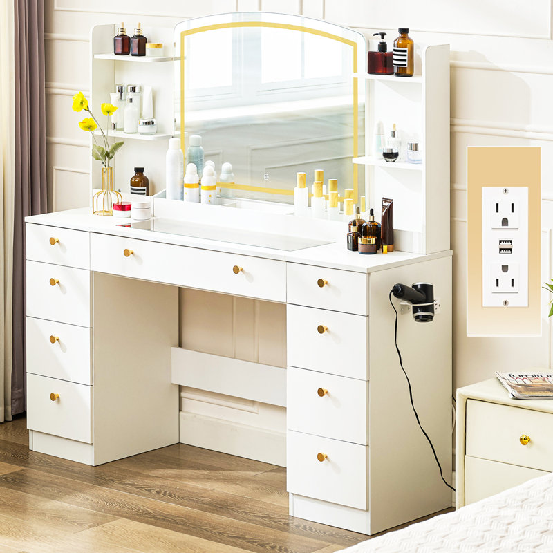 55“ Makeup Vanity With Led Mirror And Drawers, White