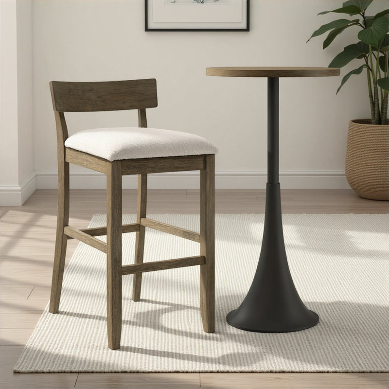 Merie Modern Transitional Wood Bar Height Kitchen Bar Stool In Putty Brown Finish With White Boucle Fabric Upholstered Seat - Set Of 3