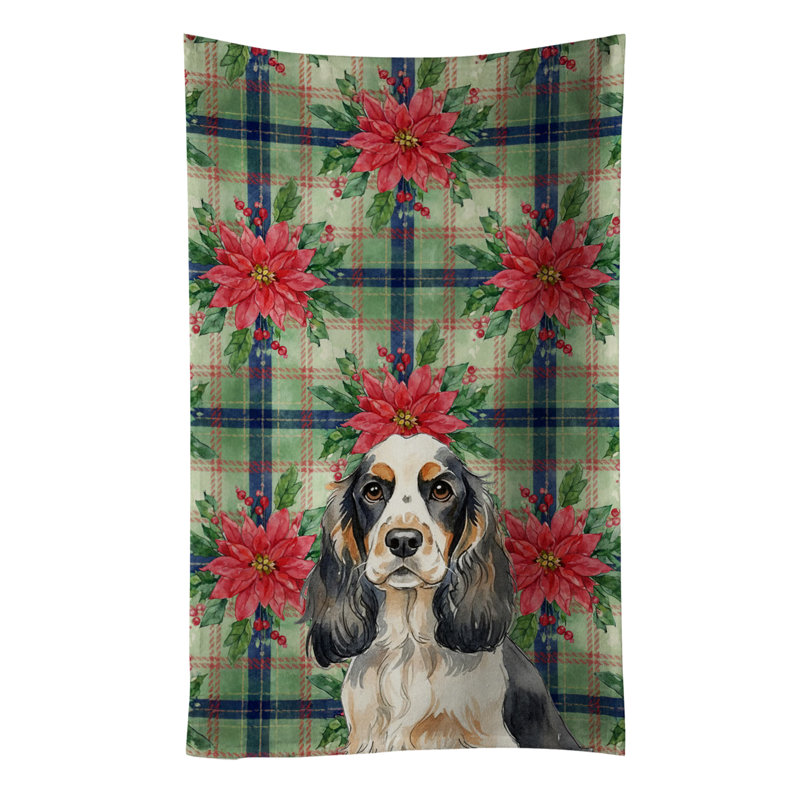 Parti Cocker Spaniel Christmas PoinsettIas Kitchen Towel, White/Black Parti Cocker Spaniel