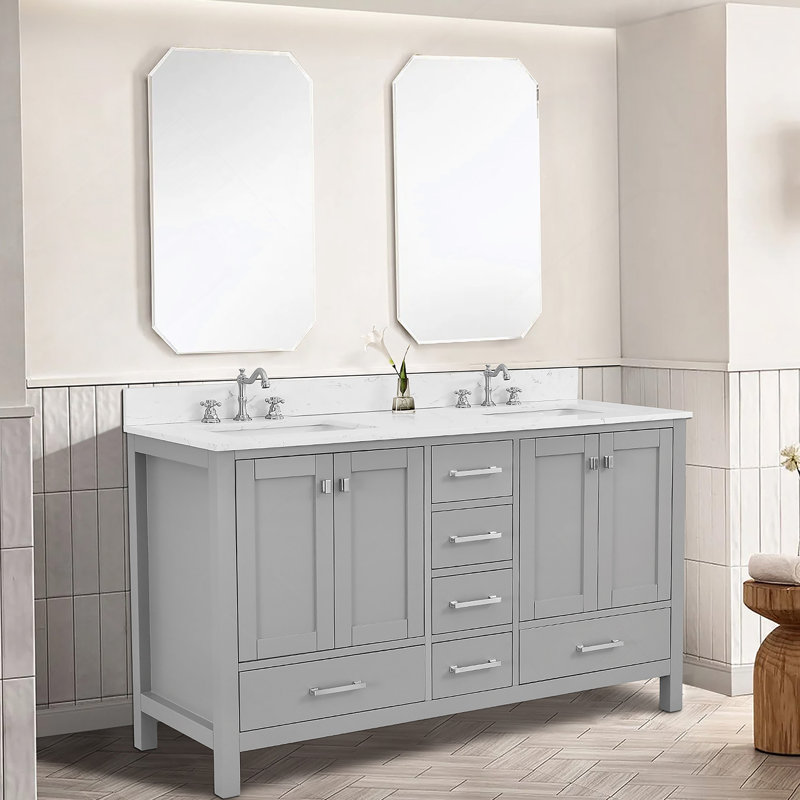 Meuble-lavabo 60 po, meuble-lavabo à cadre en bois massif, comptoir autoportant avec double cuve gris, Gris, 60"