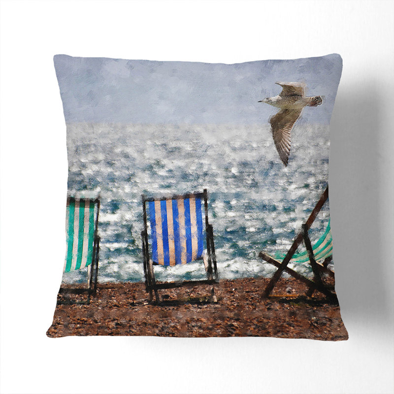 Seagull over Brighton Beach Deckchairs Scatter Cushion, Black, 40cm H x 40cm W x 15cm D