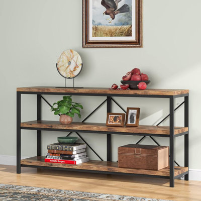 Console industrielle 55 po avec tablettes de rangement - canapé rustique brun à 3 niveaux derrière le canapé, table d'entrée étroite avec tablettes ouvertes pour le salon, le couloir, le meuble télé