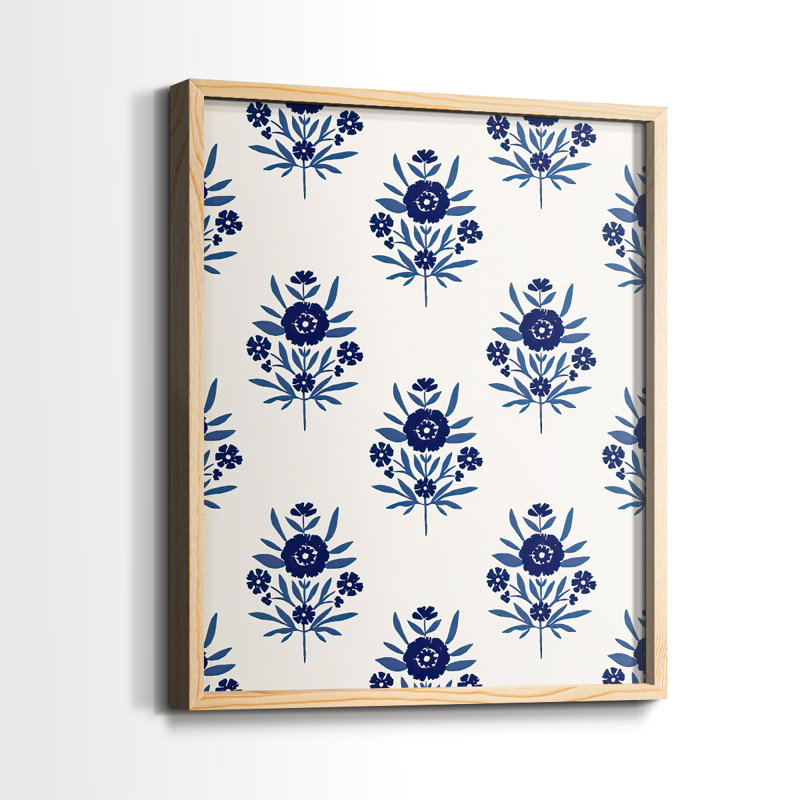 Motif de fleurs indigo II, impression encadrée - bois massif