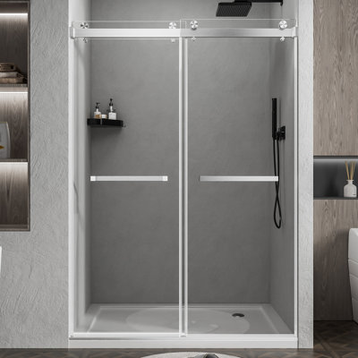 Porte de douche coulissante double sans cadre l 50 à 54 po x H 76 po en verre trempé 1/4 po avec film antidéflagrant, quincaillerie en acier inoxydable