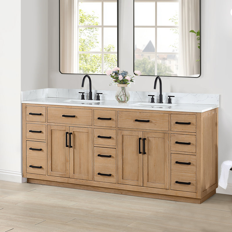 Meuble-lavabo double Gavino 84 avec comptoir, Marron clair