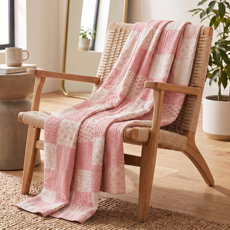 Jeté en coton Kantha Advika, Rose