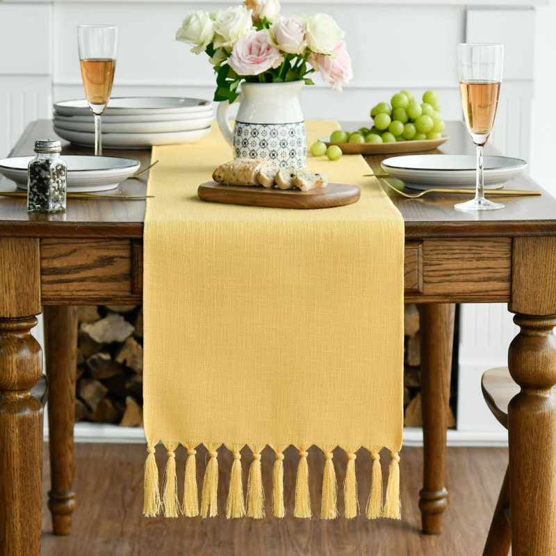Yellow Boho Rural Rustic Farmhouse Tassel Table Runner, 33x143 cm Spring Kitchen Dining Table Decoration Wedding Holiday Party Decor
