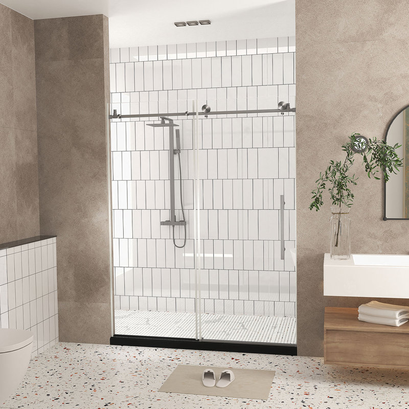 Frameless Shower Door 44-48 "W X 76" H, 1/4 "(6 Mm) Clear Tempered Glass, Explosion Proof Film, Stainless Steel Handle,Brushed Nickel