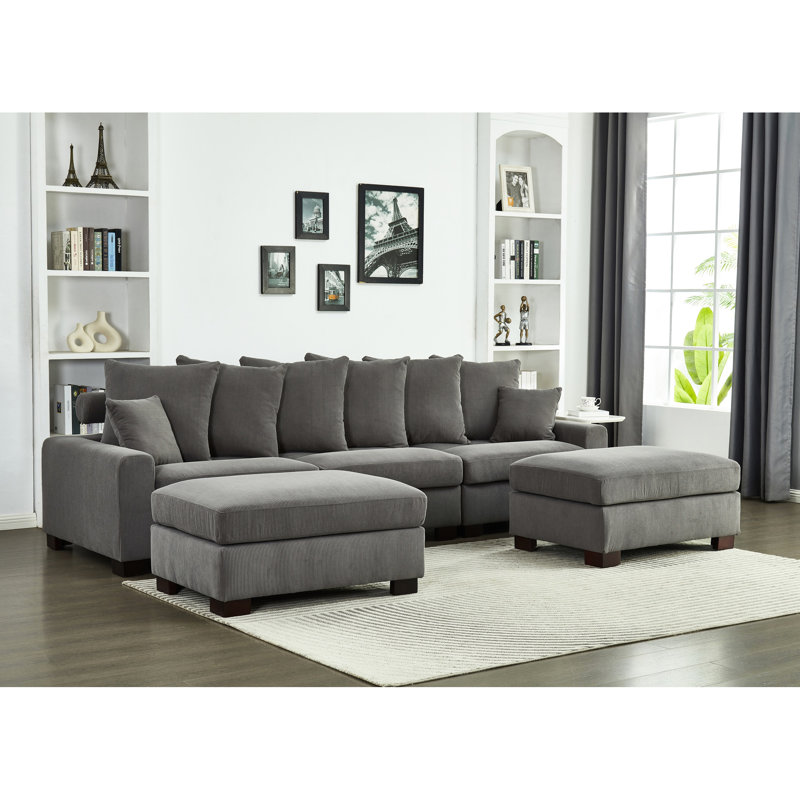 Surdimensionné 5 places en velours côtelé gris modulaire, convertible en forme de L et de U avec coussins modulaires à haute mousse magnétiques