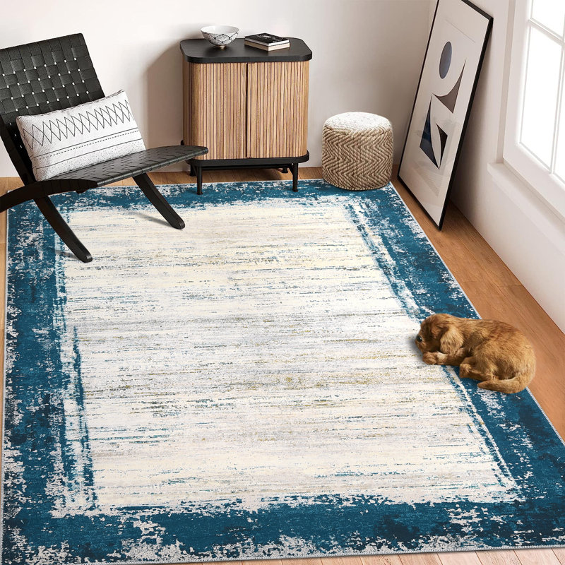 Machine Washable Rugs Bordered Modern Non-Slip Low Pile Rubber Backing Indoor Area Rug for Living Room Bedroom Kitchen Dining Room