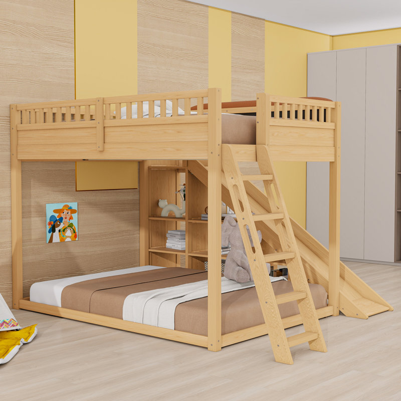 Loft Bed With Storage Shelves, Ladder, Guardrails And Built-In Slide, Natural, Queen