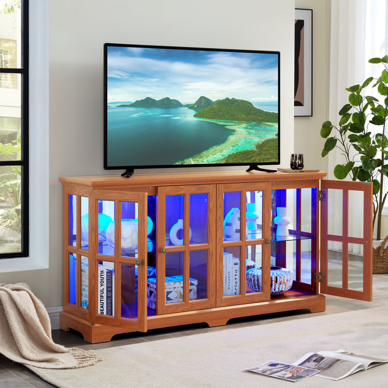 59.06''W Display Cabinet With Adjustable Shelf For Book And Collection Storage And LED Light(Dark Oak), Dark Oak