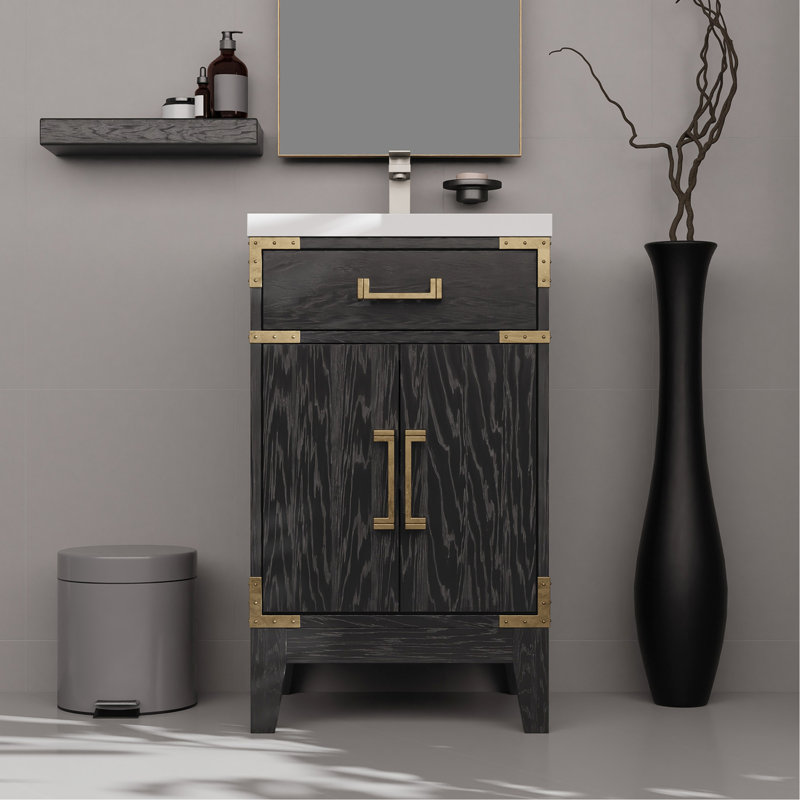 18 po P Meuble-lavabo simple en chêne noir de 20 W, comptoir en acrylique, miroir, largeur de rangement et de fermeture en douceur, comptoir, capacité fermée