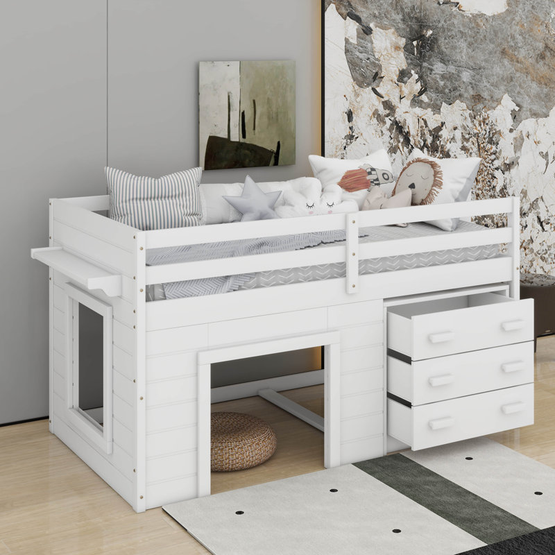 Lit mezzanine simple avec armoire et tablette, Blanc